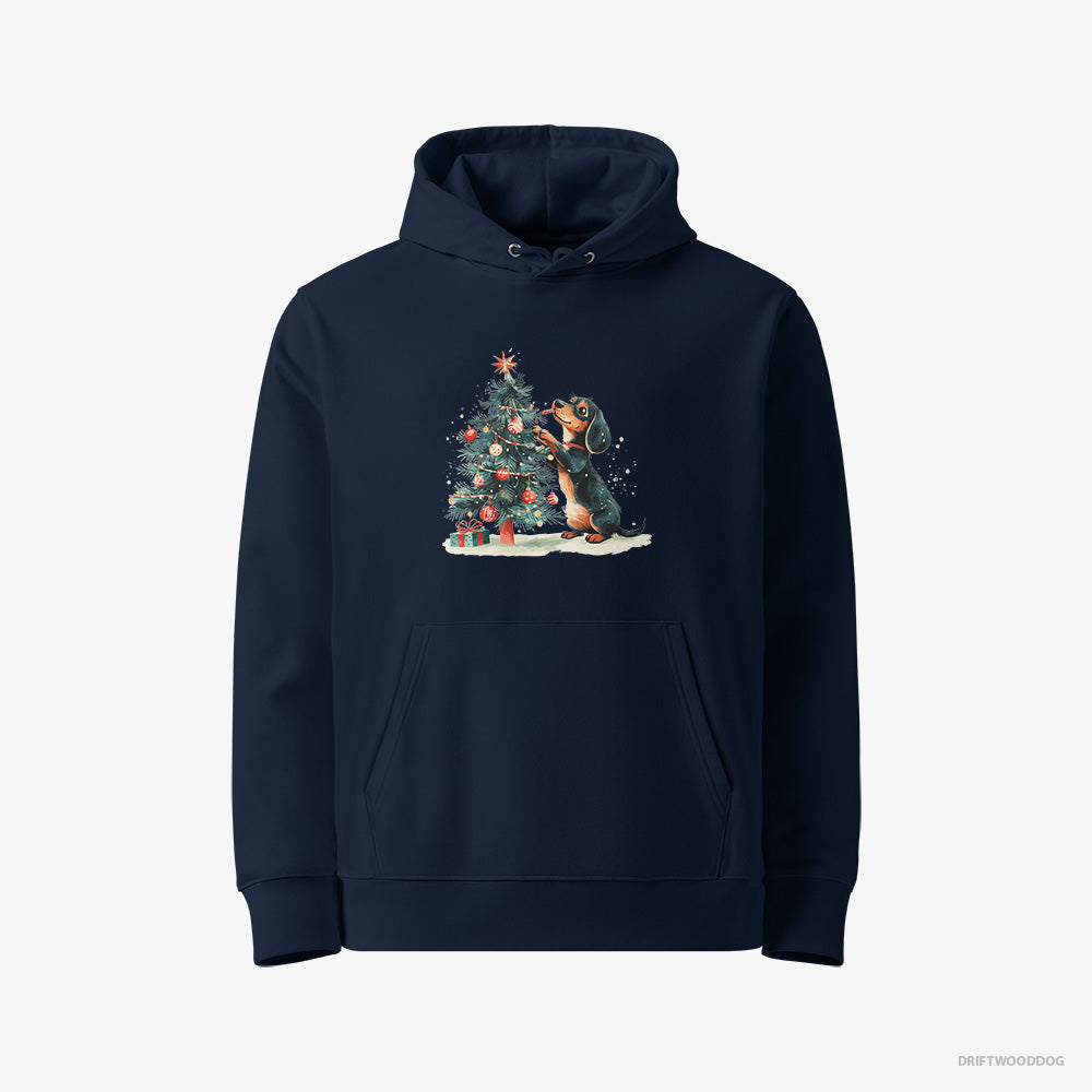 Dachshund Hoodie – Women Navy Hoodie Eco-Friendly – Styling the Christmas Tree (on White Background)