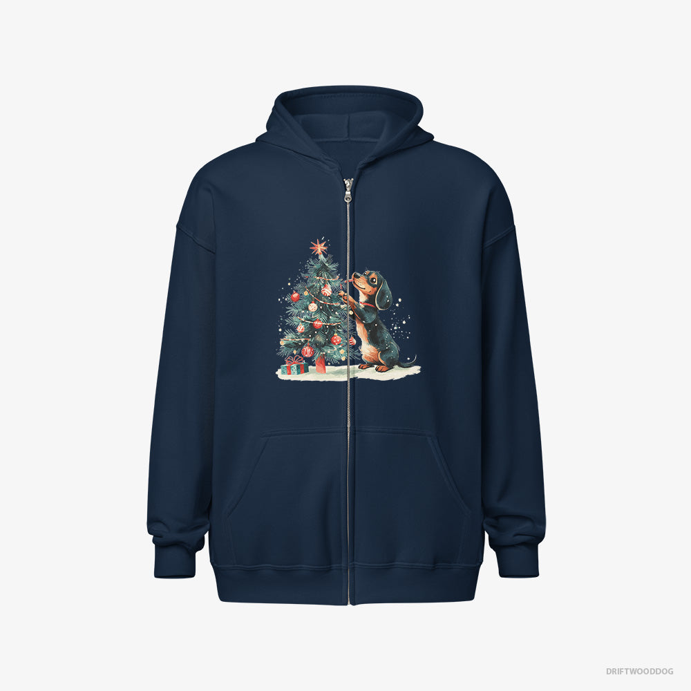 Dachshund Hoodie – Men Navy Hoodie Full-Zip – Styling the Christmas Tree (on White Background)