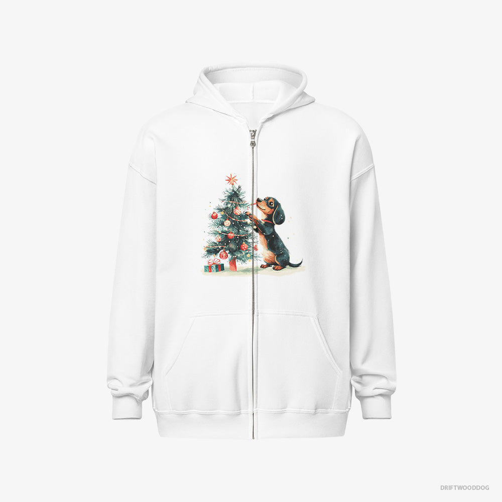 Dachshund Hoodie – Men White Hoodie Full-Zip – Styling the Christmas Tree (on White Background)