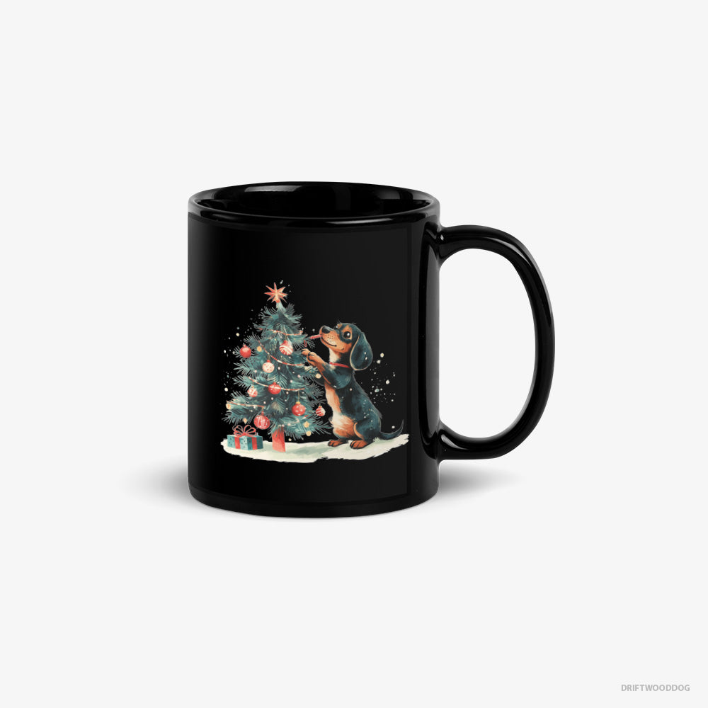 Dachshund Mug – Unisex Black Mug Classic – Styling the Christmas Tree (on White Background)