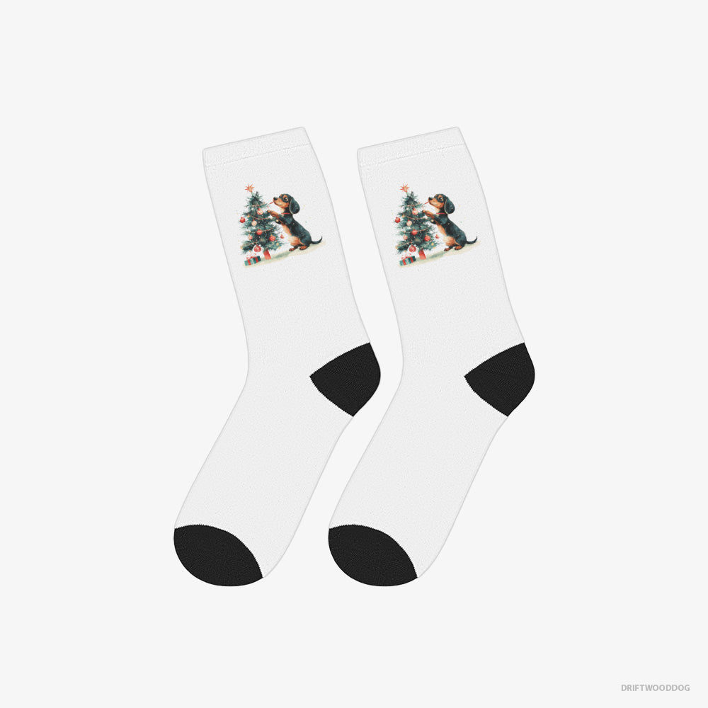 Dachshund Socks – Unisex White Socks Classic – Styling the Christmas Tree (on White Background)