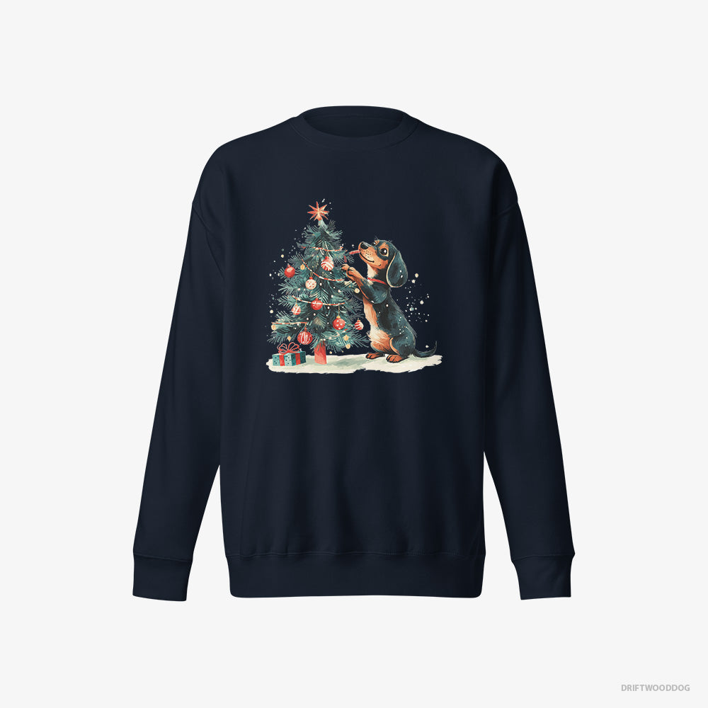 Dachshund Sweatshirt – Women Navy Sweatshirt Eco-Friendly – Styling the Christmas Tree (on White Background)