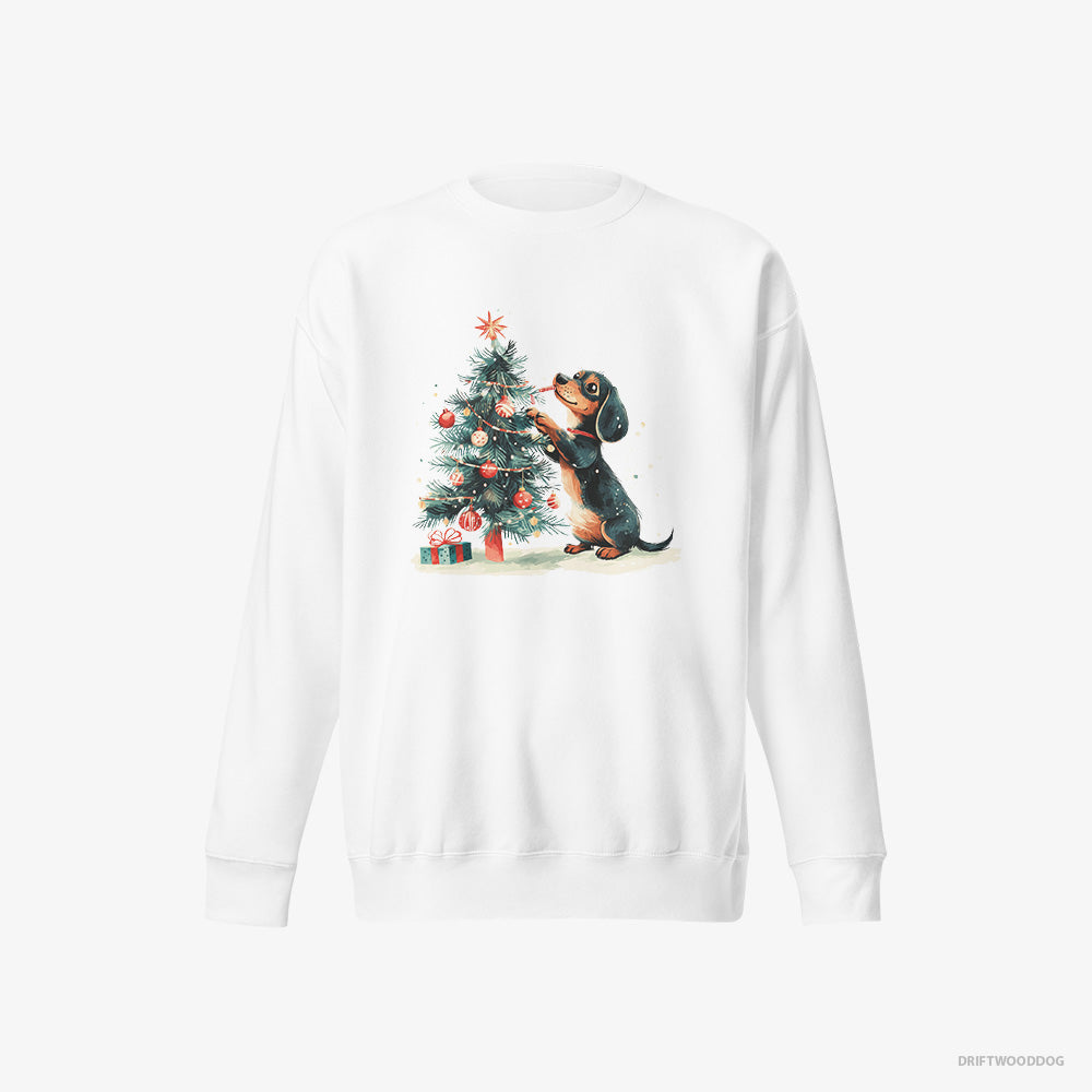 Dachshund Sweatshirt – Women White Sweatshirt Eco-Friendly – Styling the Christmas Tree (on White Background)