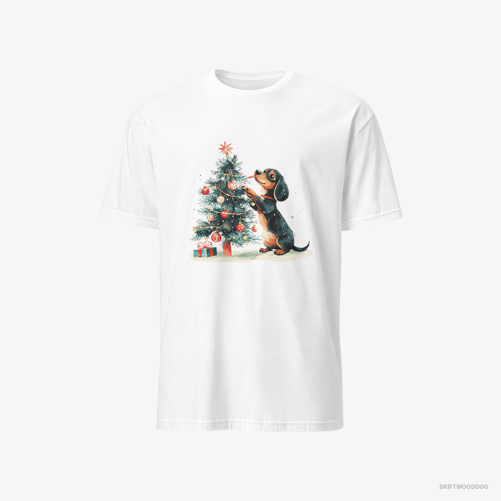 Dachshund T-Shirt – Men White T-Shirt Classic – Styling the Christmas Tree (on White Background)