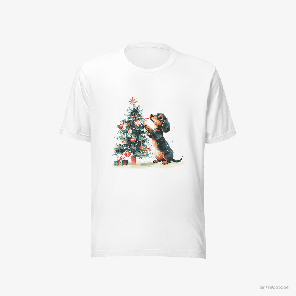 Dachshund T-Shirt – Women White T-Shirt Eco-Friendly – Styling the Christmas Tree (on White Background)