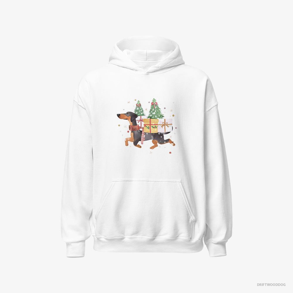 Dobermann Hoodie – Men White Hoodie Classic – in Christmas Spirit Carrying Gifts (on White Background)