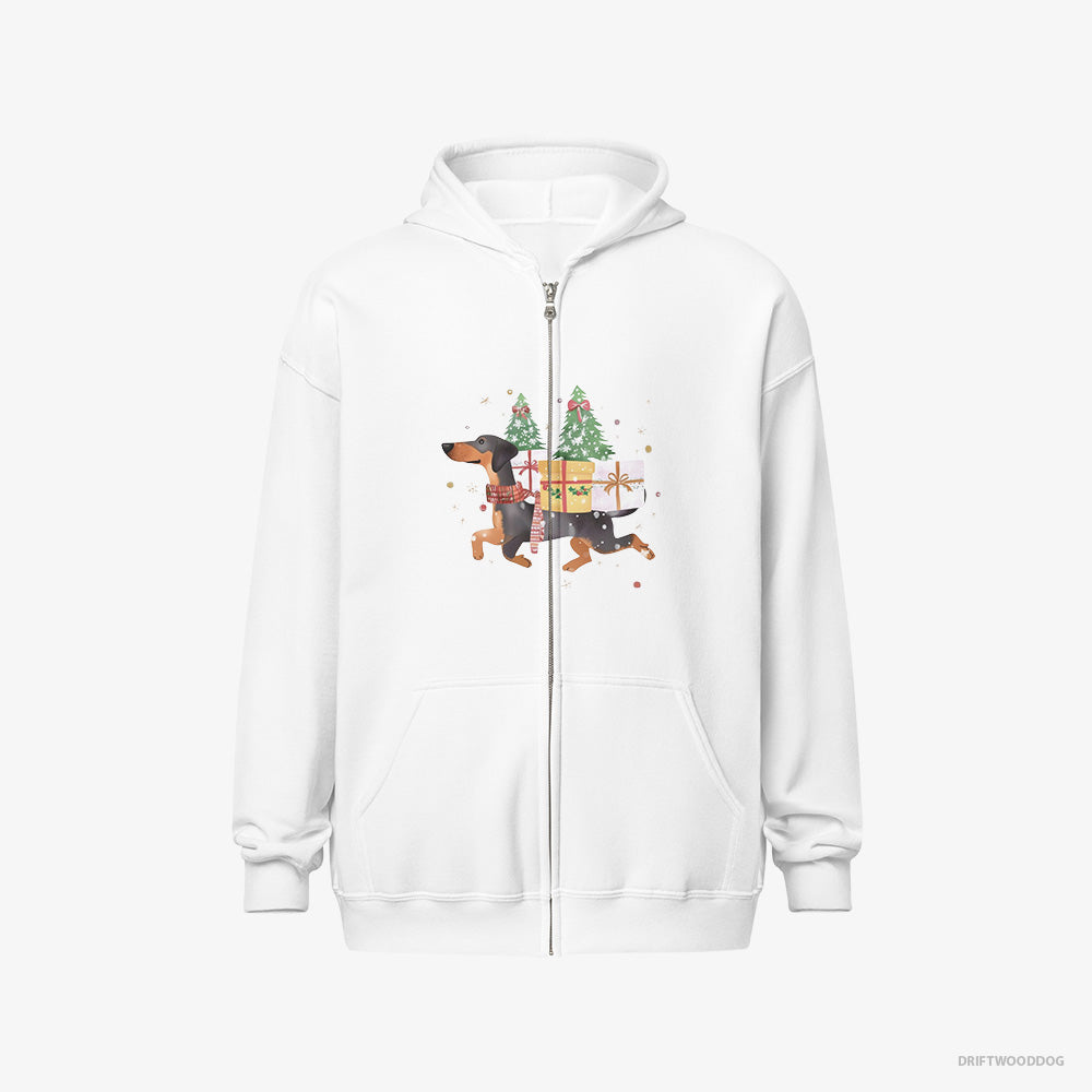 Dobermann Hoodie – Men White Hoodie Full-Zip – in Christmas Spirit Carrying Gifts (on White Background)