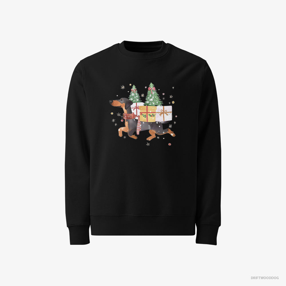 Dobermann Sweatshirt – Men Black Sweatshirt Classic – in Christmas Spirit Carrying Gifts (on White Background)