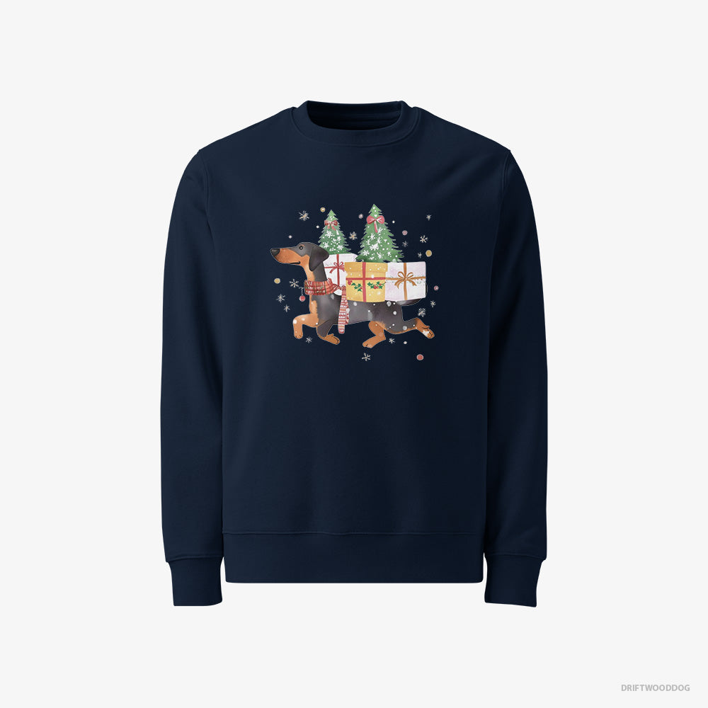 Dobermann Sweatshirt – Men Navy Sweatshirt Classic – in Christmas Spirit Carrying Gifts (on White Background)