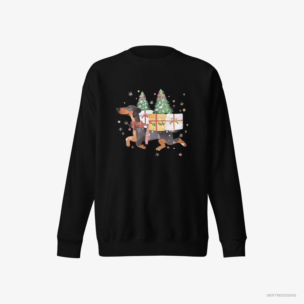 Dobermann Sweatshirt – Women Black Sweatshirt Eco-Friendly – in Christmas Spirit Carrying Gifts (on White Background)