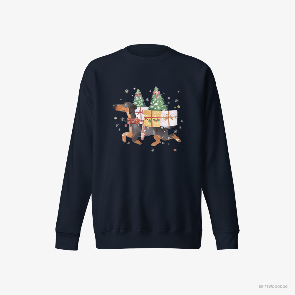 Dobermann Sweatshirt – Men Navy Sweatshirt Eco-Friendly – in Christmas Spirit Carrying Gifts (on White Background)