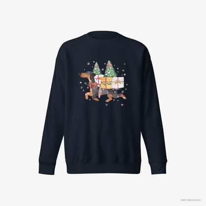 Dobermann Sweatshirt – Men Navy Sweatshirt Eco-Friendly – in Christmas Spirit Carrying Gifts (on White Background)