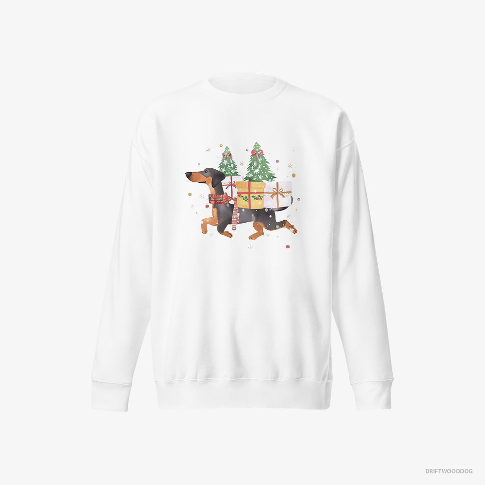 Dobermann Sweatshirt – Men White Sweatshirt Eco-Friendly – in Christmas Spirit Carrying Gifts (on White Background)