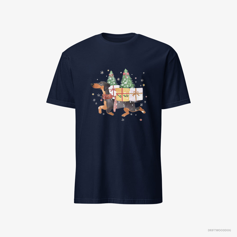 Dobermann T-Shirt – Men Navy T-Shirt Classic – in Christmas Spirit Carrying Gifts (on White Background)