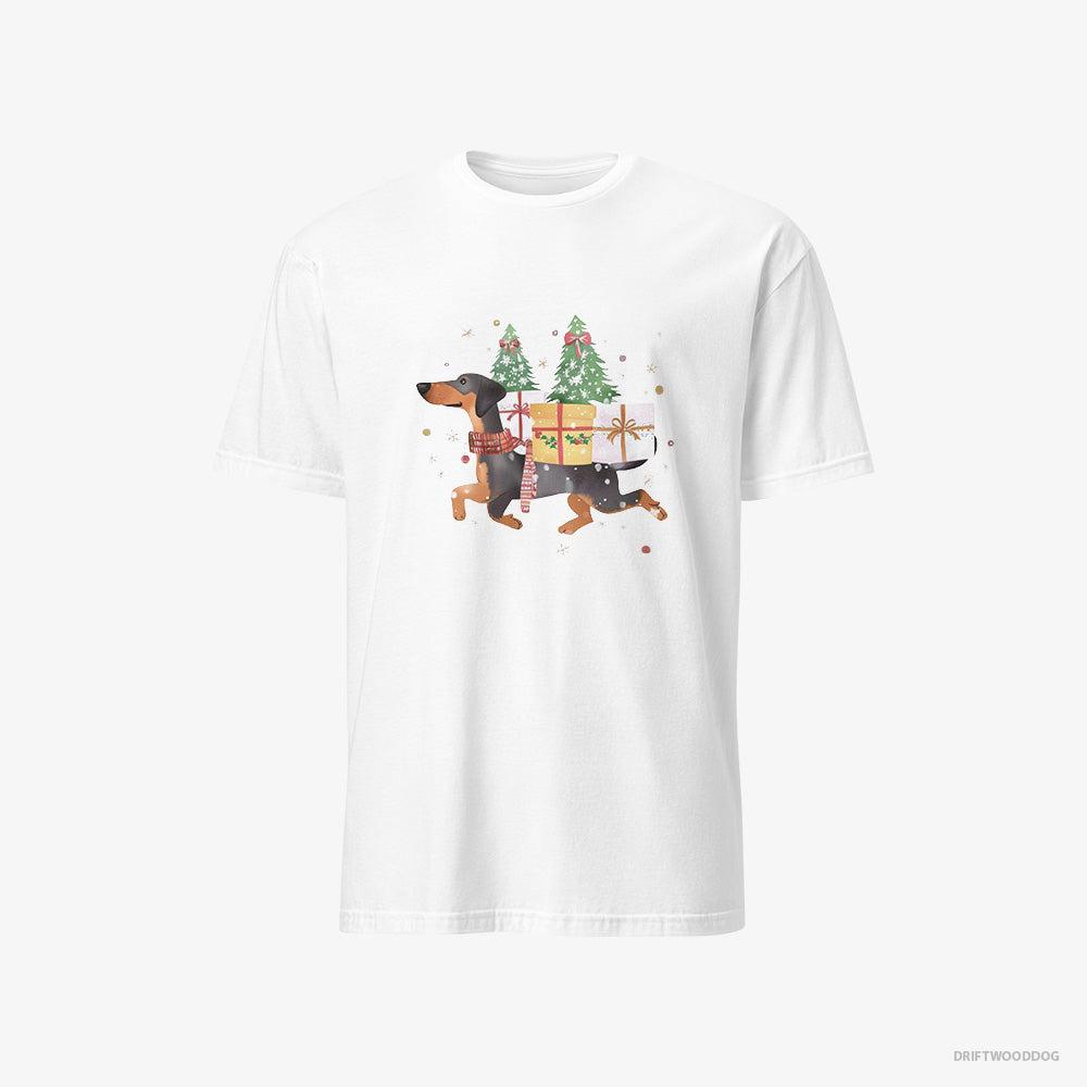 Dobermann T-Shirt – Men White T-Shirt Classic – in Christmas Spirit Carrying Gifts (on White Background)