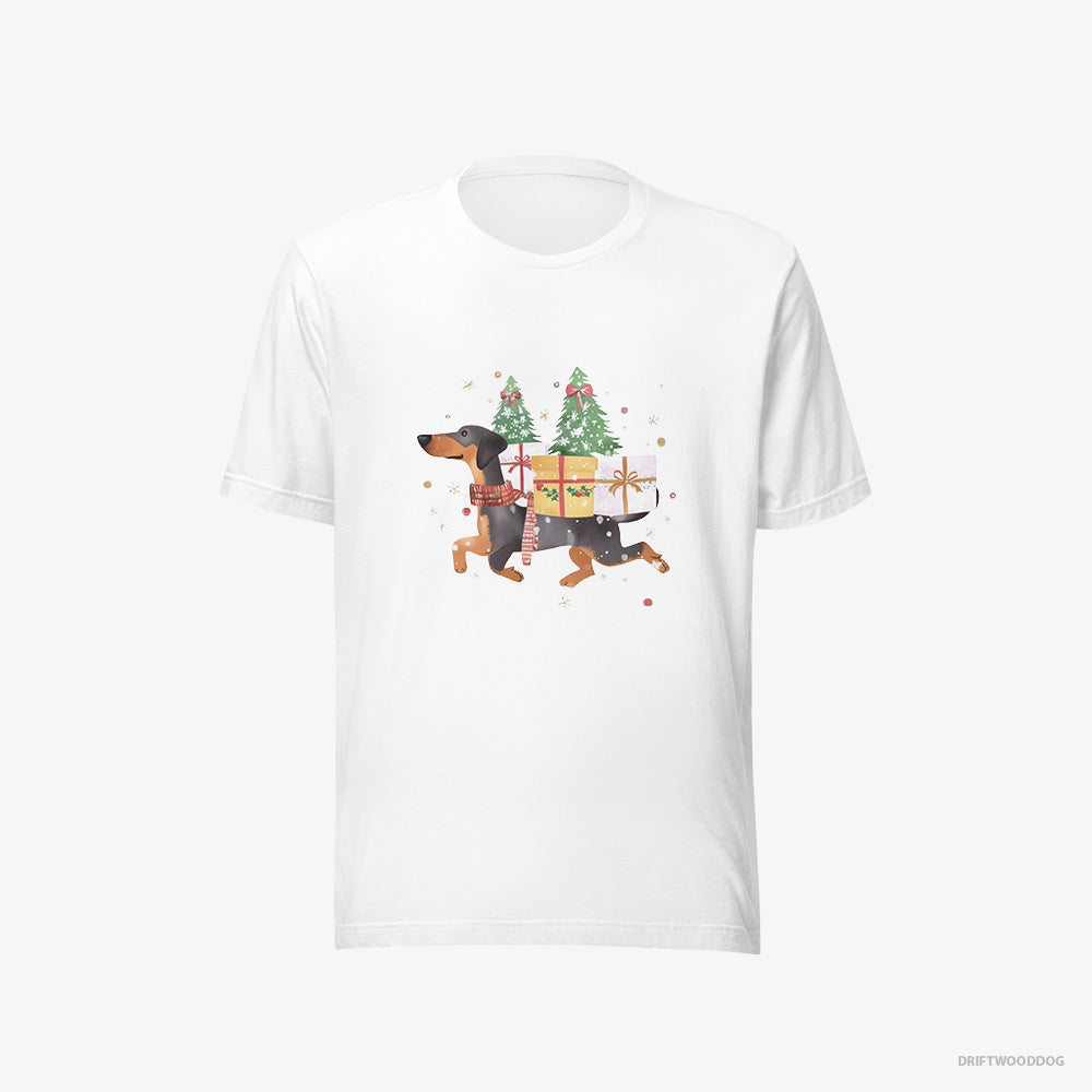 Dobermann T-Shirt – Women White T-Shirt Eco-Friendly – in Christmas Spirit Carrying Gifts (on White Background)