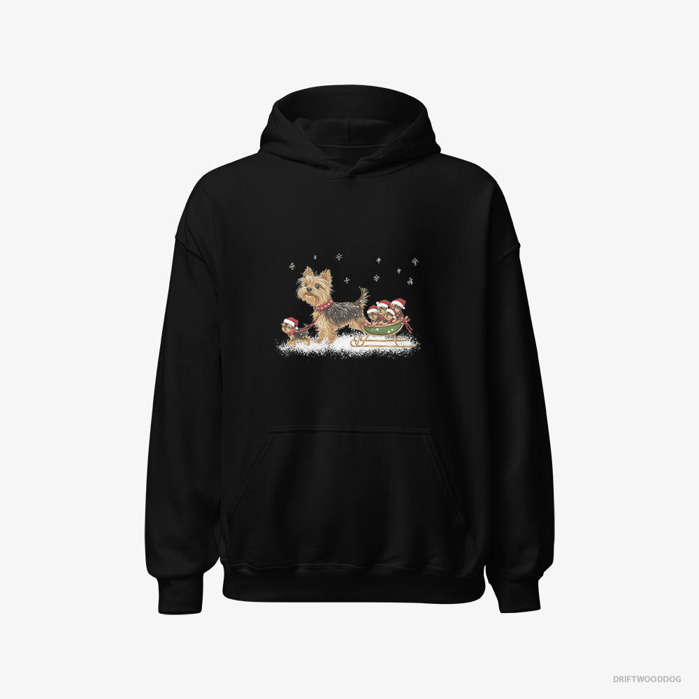 Yorkshire Terrier Hoodie – Women Black Hoodie Classic – Enjoying a Sled Rid (on White Background)