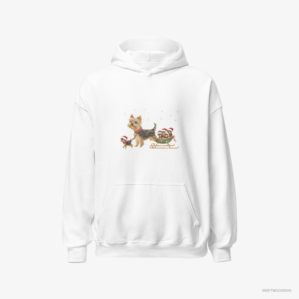 Yorkshire Terrier Hoodie – Men White Hoodie Classic – Enjoying a Sled Rid (on White Background)