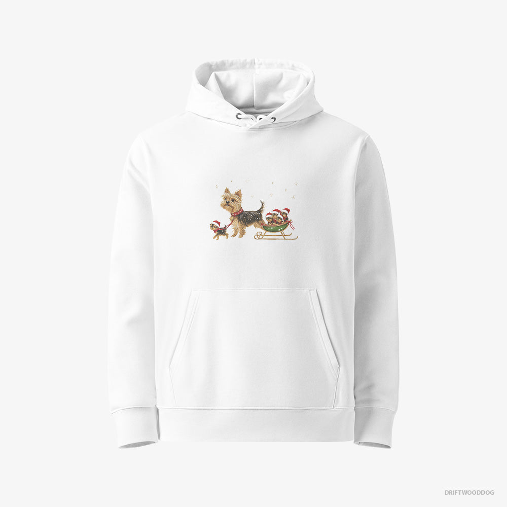 Yorkshire Terrier Hoodie – Women White Hoodie Eco-Friendly – Enjoying a Sled Rid (on White Background)