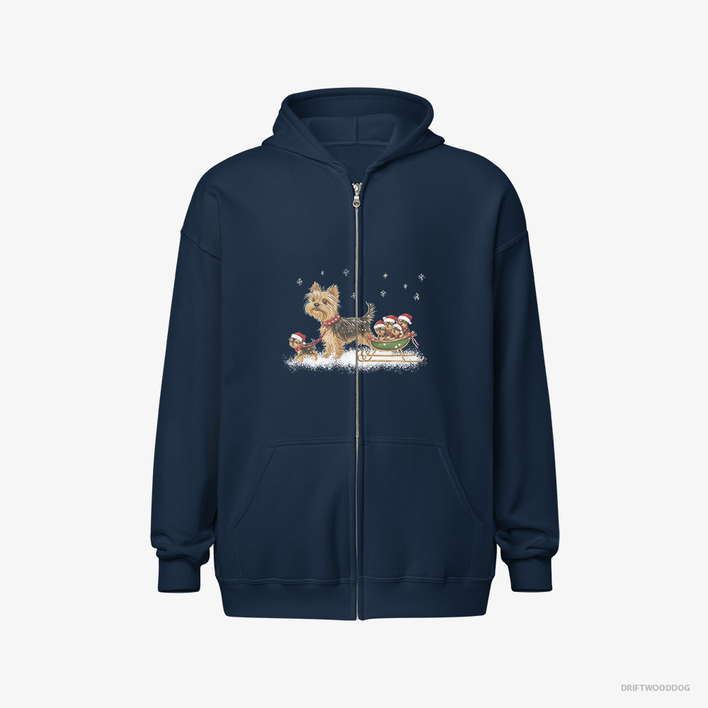 Yorkshire Terrier Hoodie – Men Navy Hoodie Full-Zip – Enjoying a Sled Rid (on White Background)