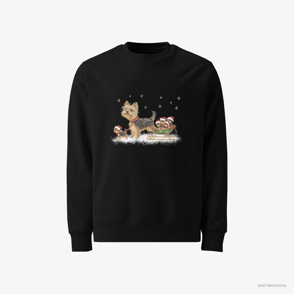 Yorkshire Terrier Sweatshirt – Men Black Sweatshirt Classic – Enjoying a Sled Rid (on White Background)