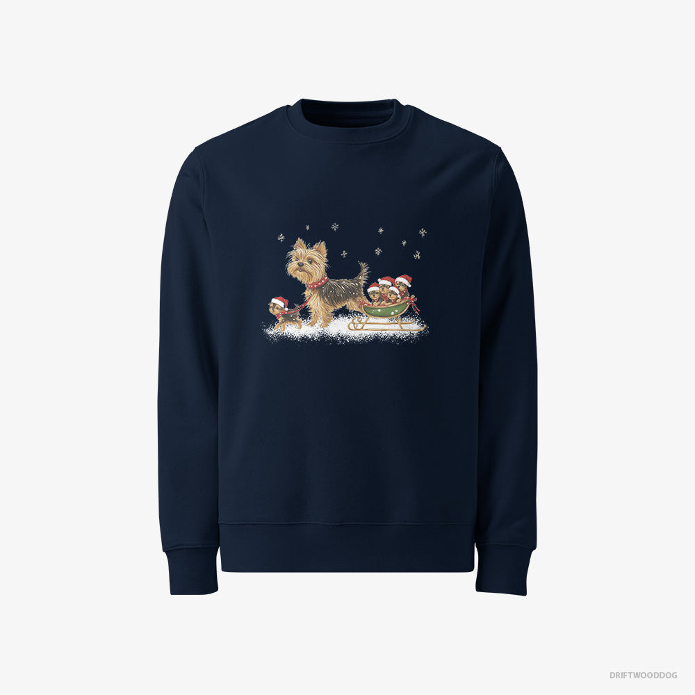 Yorkshire Terrier Sweatshirt – Men Navy Sweatshirt Classic – Enjoying a Sled Rid (on White Background)