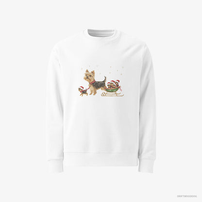 Yorkshire Terrier Enjoying a Sled Rid White Sweatshirt