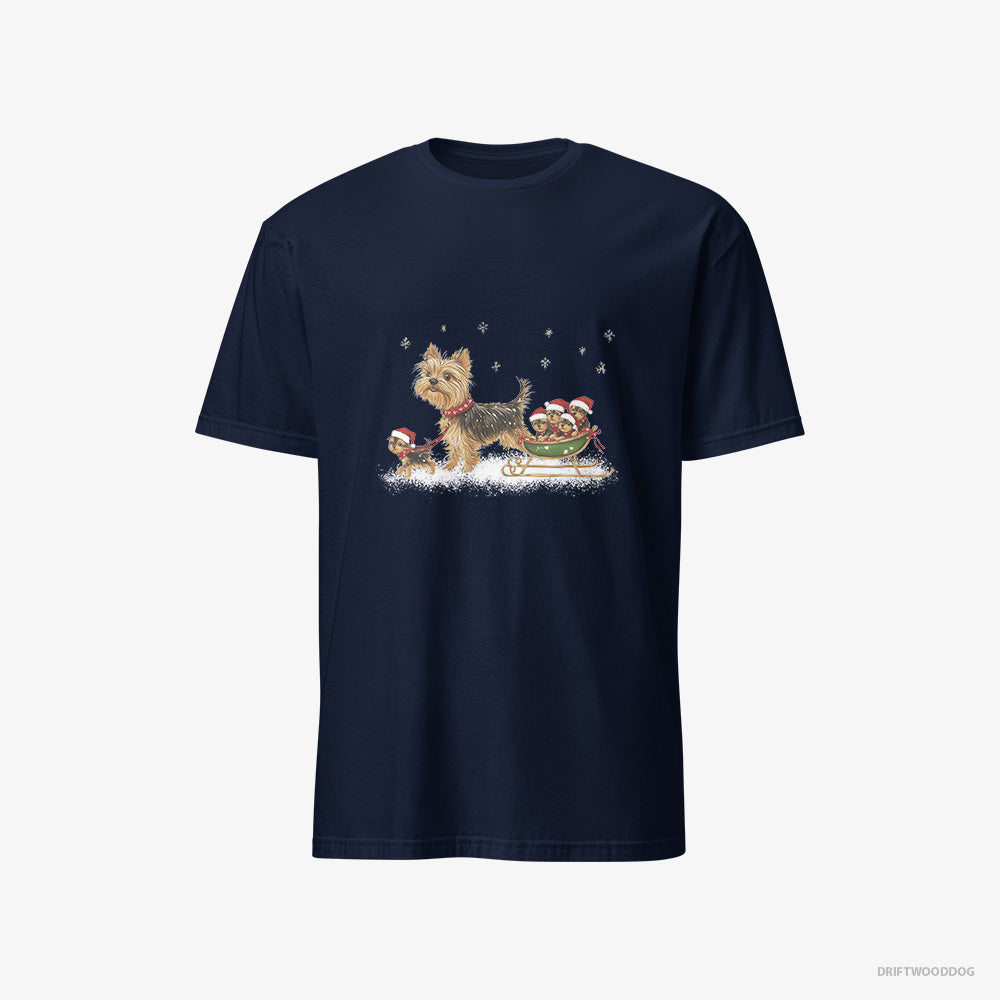 Yorkshire Terrier T-Shirt – Men Navy T-Shirt Classic – Enjoying a Sled Rid (on White Background)