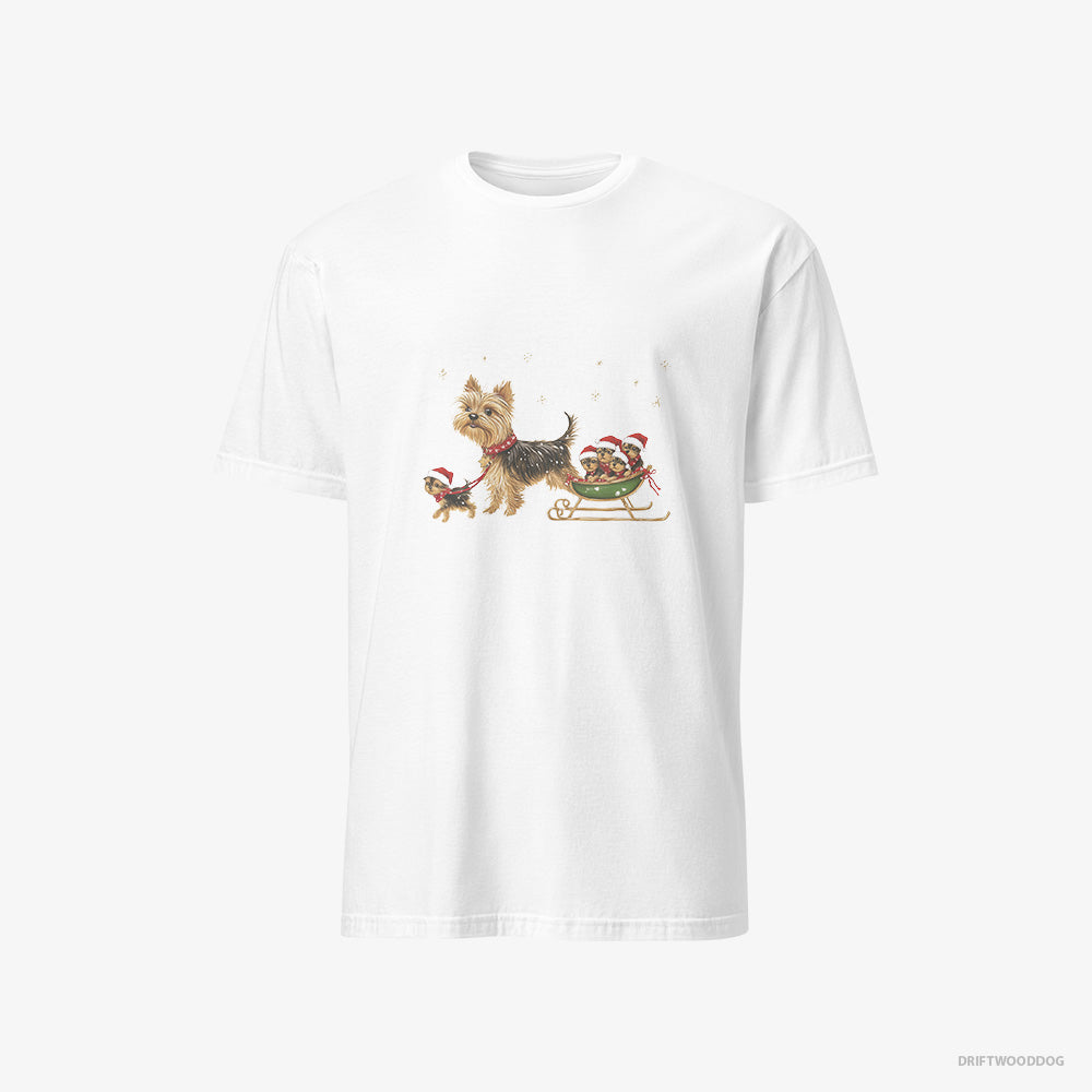 Yorkshire Terrier T-Shirt – Men White T-Shirt Classic – Enjoying a Sled Rid (on White Background)