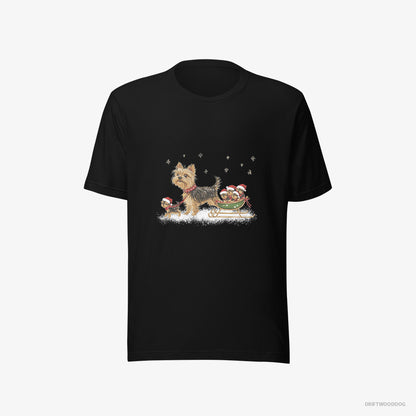 Yorkshire Terrier T-Shirt – Men Black T-Shirt Eco-Friendly – Enjoying a Sled Rid (on White Background)