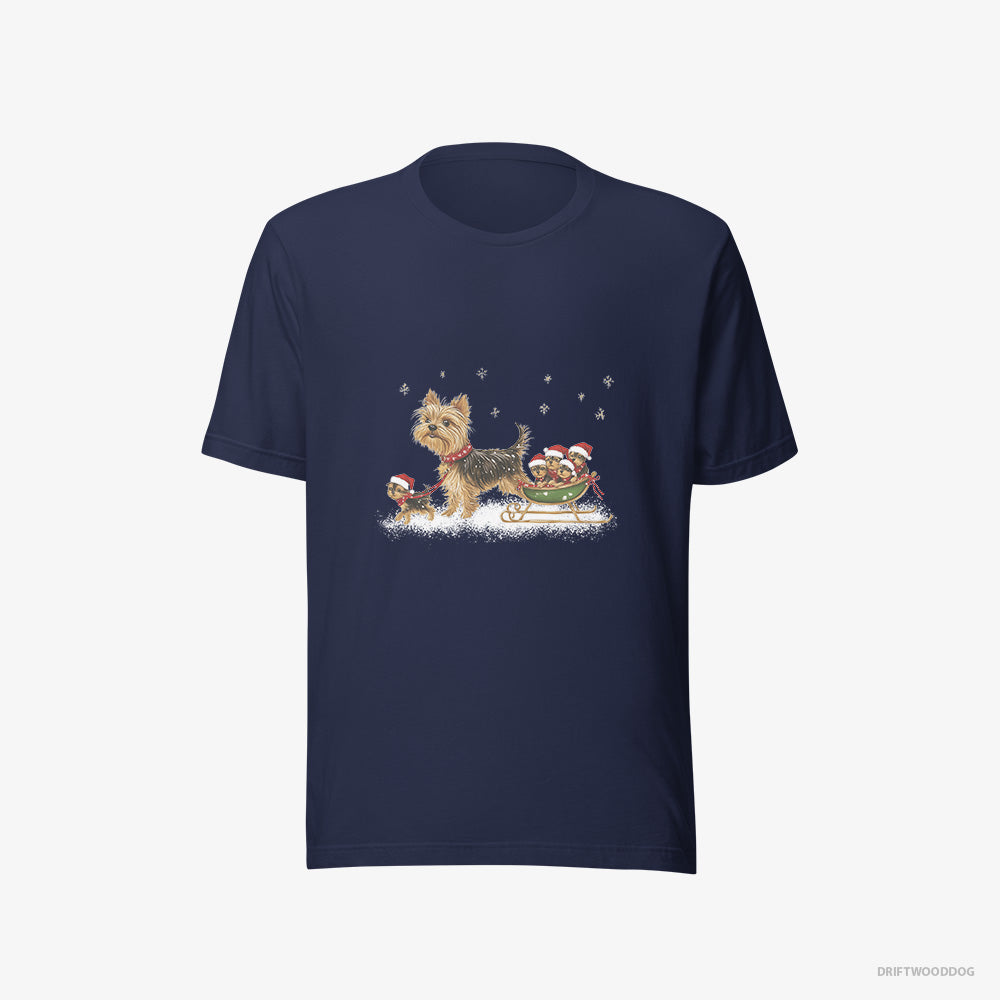 Yorkshire Terrier T-Shirt – Men Navy T-Shirt Eco-Friendly – Enjoying a Sled Rid (on White Background)