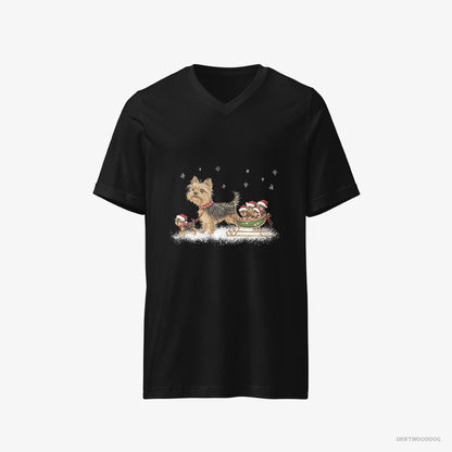 Yorkshire Terrier T-Shirt – Men Black T-Shirt V-Neck – Enjoying a Sled Rid (on White Background)