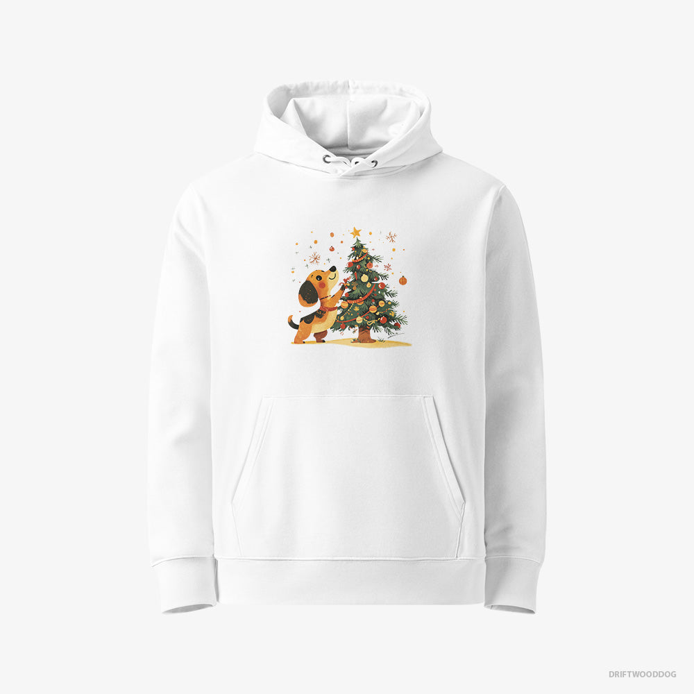 Dachshund Hoodie – Women White Hoodie Eco-Friendly – Setting Up the Christmas Tree (on White Background)