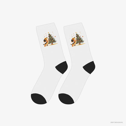 Dachshund Socks – Unisex White Socks Classic – Setting Up the Christmas Tree (on White Background)