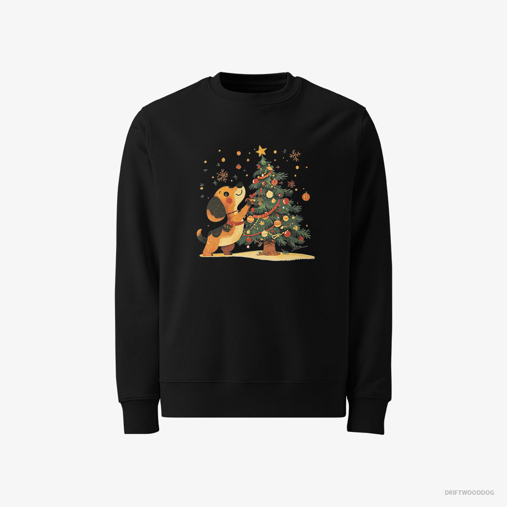 Dachshund Sweatshirt – Men Black Sweatshirt Classic – Setting Up the Christmas Tree (on White Background)