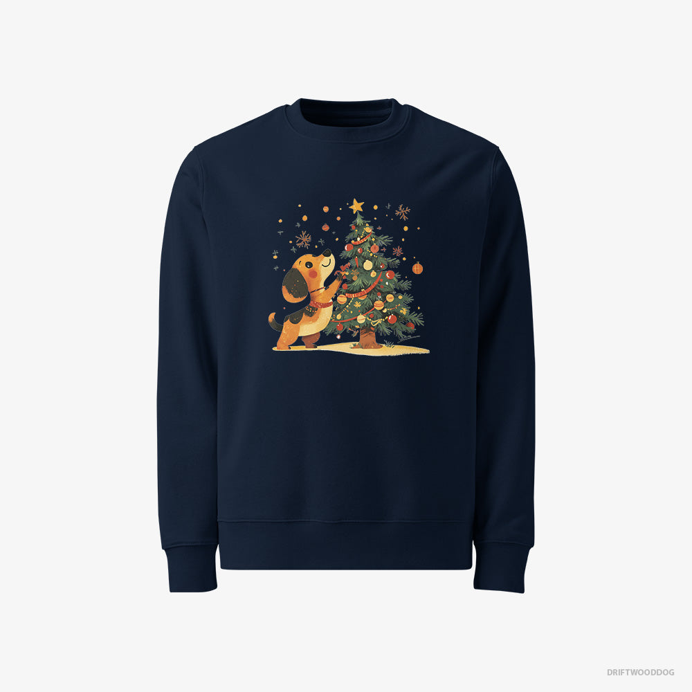 Dachshund Sweatshirt – Men Navy Sweatshirt Classic – Setting Up the Christmas Tree (on White Background)