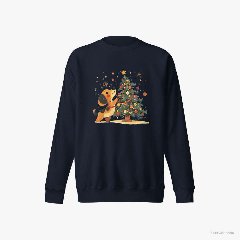 Dachshund Sweatshirt – Men Navy Sweatshirt Eco-Friendly – Setting Up the Christmas Tree (on White Background)