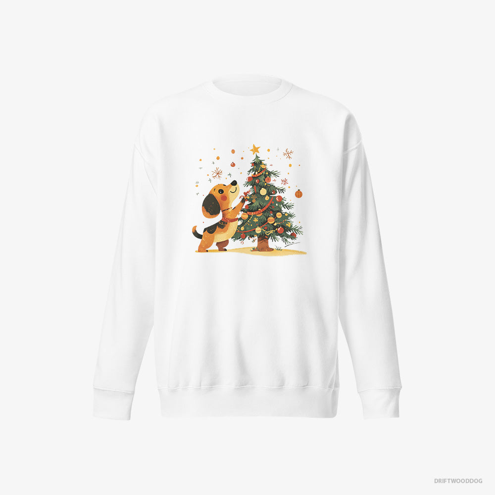 Dachshund Sweatshirt – Men White Sweatshirt Eco-Friendly – Setting Up the Christmas Tree (on White Background)