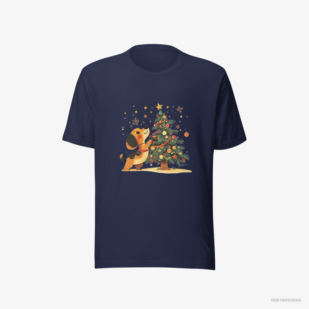 Dachshund T-Shirt – Women Navy T-Shirt Eco-Friendly – Setting Up the Christmas Tree (on White Background)