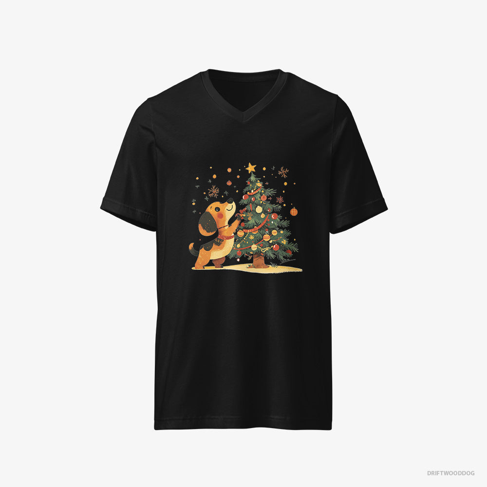 Dachshund T-Shirt – Men Black T-Shirt V-Neck – Setting Up the Christmas Tree (on White Background)