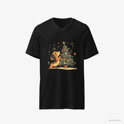 Dachshund T-Shirt – Men Black T-Shirt V-Neck – Setting Up the Christmas Tree (on White Background)