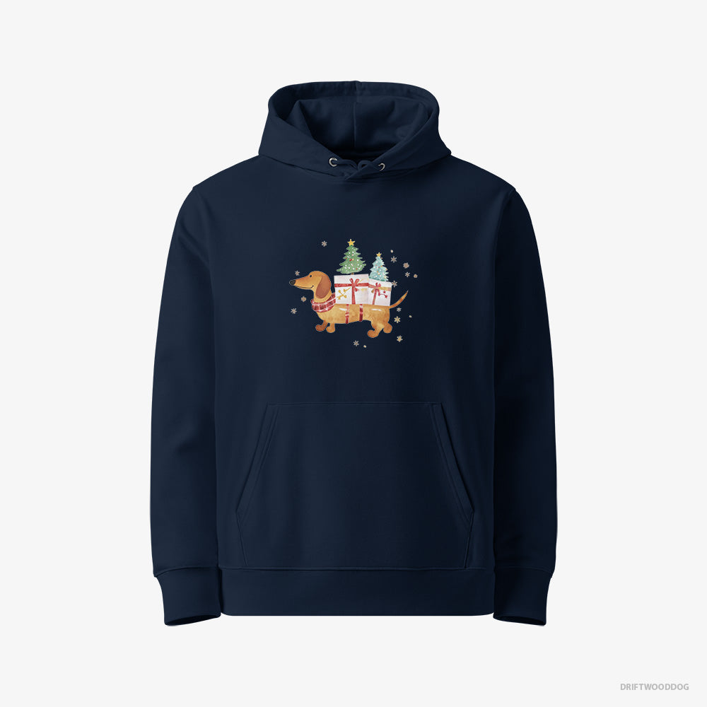 Dachshund Hoodie – Women Navy Hoodie Eco-Friendly – Bringing Holiday Cheer with Gifts (on White Background)