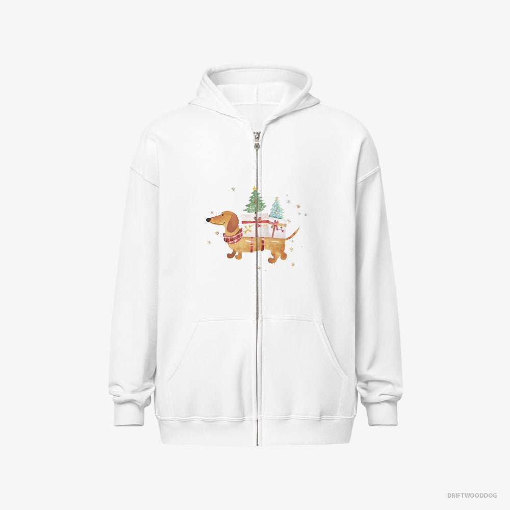 Dachshund Hoodie – Men White Hoodie Full-Zip – Bringing Holiday Cheer with Gifts (on White Background)