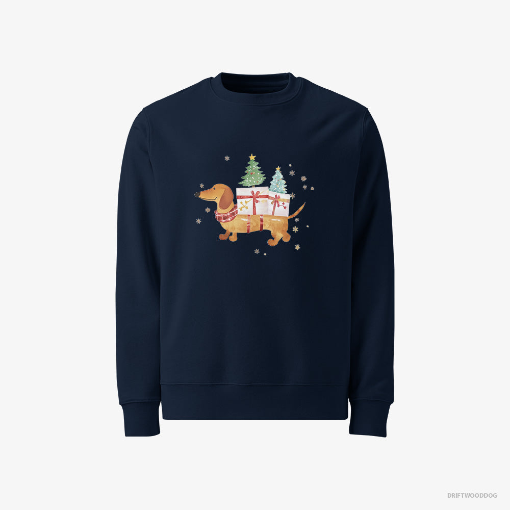 Dachshund Sweatshirt – Men Navy Sweatshirt Classic – Bringing Holiday Cheer with Gifts (on White Background)