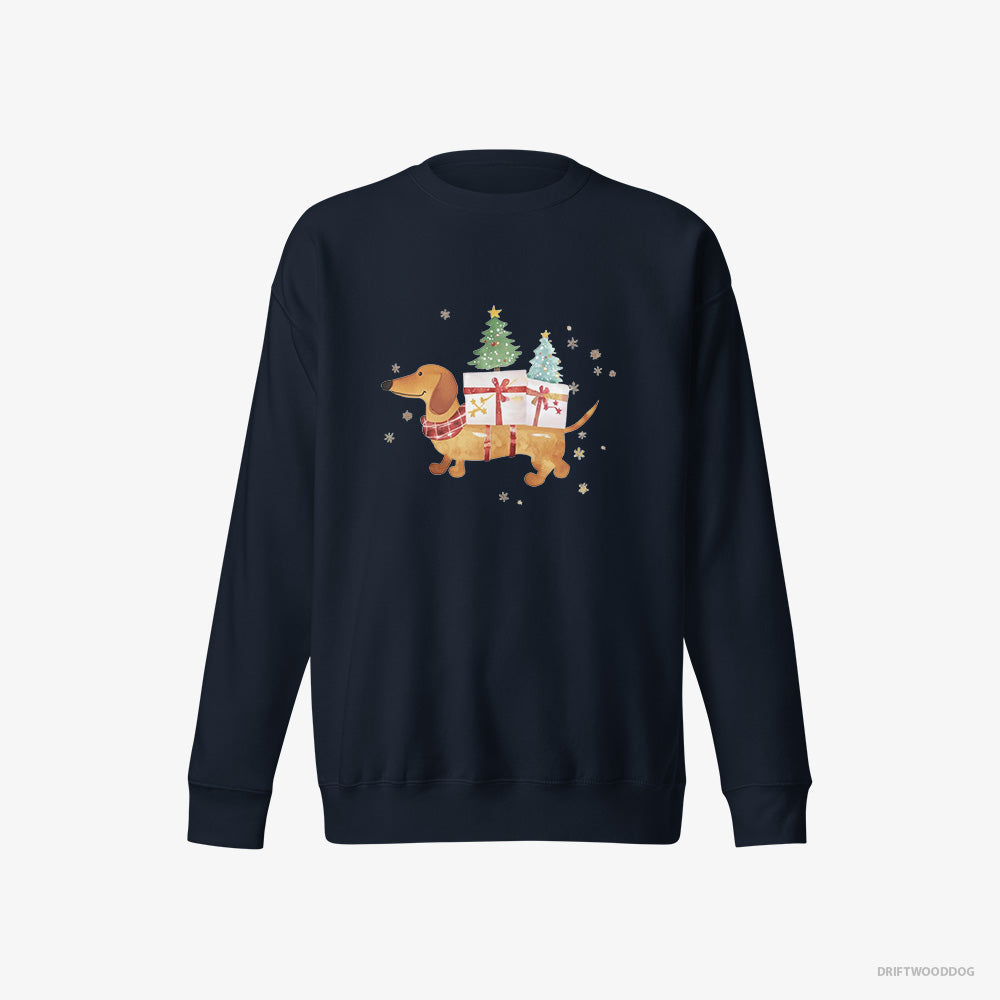 Dachshund Sweatshirt – Men Navy Sweatshirt Eco-Friendly – Bringing Holiday Cheer with Gifts (on White Background)