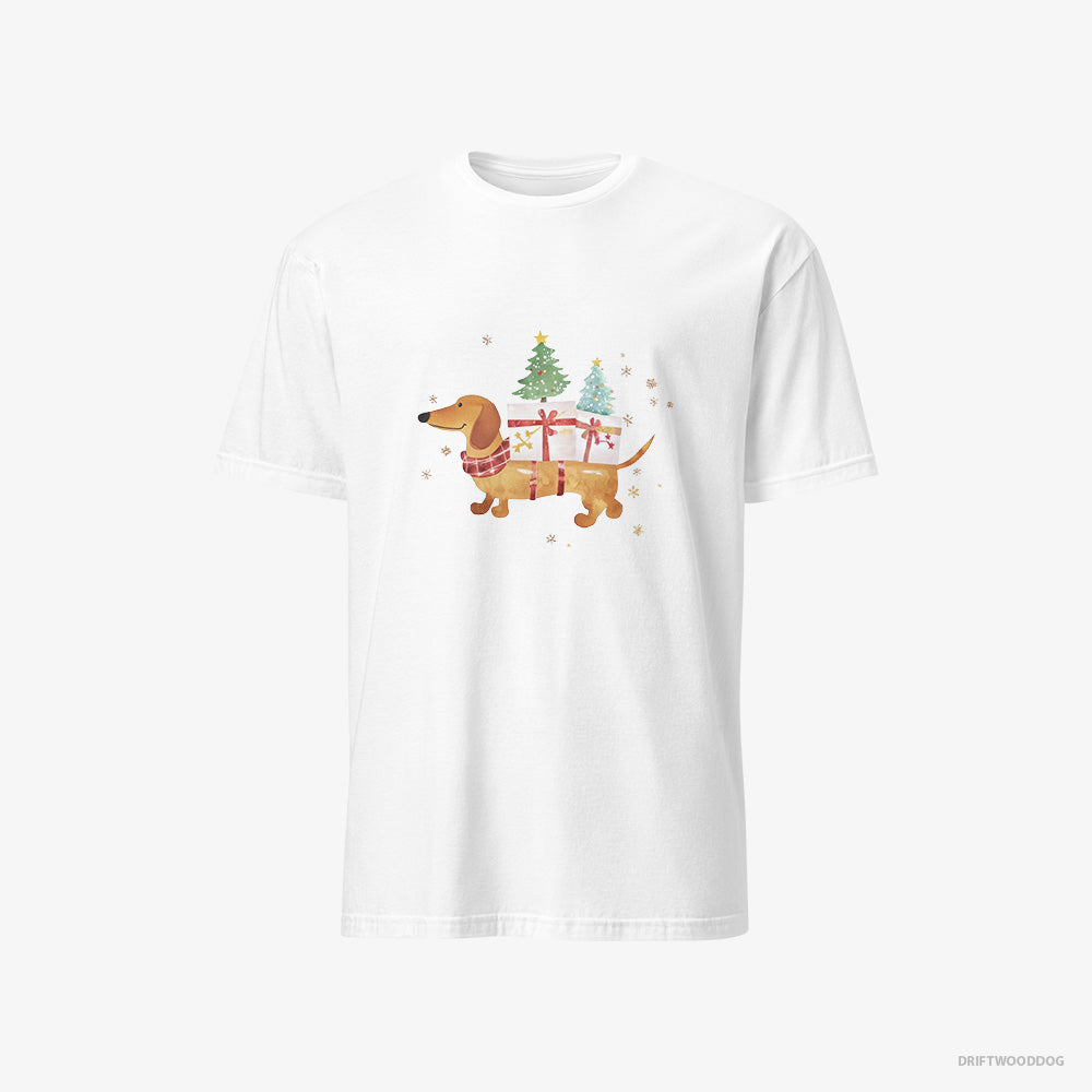 Dachshund T-Shirt – Men White T-Shirt Classic – Bringing Holiday Cheer with Gifts (on White Background)