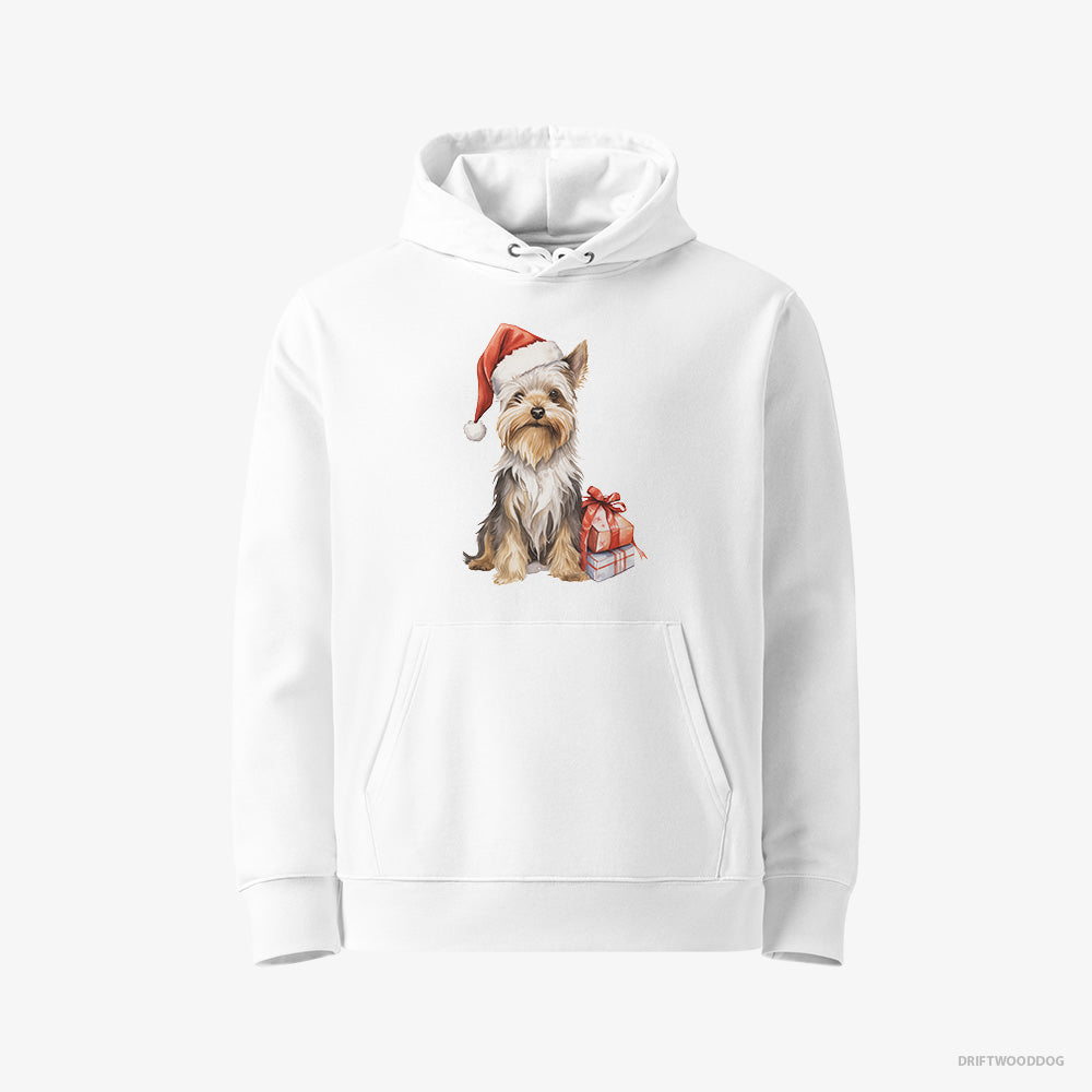 Yorkshire Terrier Hoodie – Women White Hoodie Eco-Friendly – Dressed as Santa (on White Background)