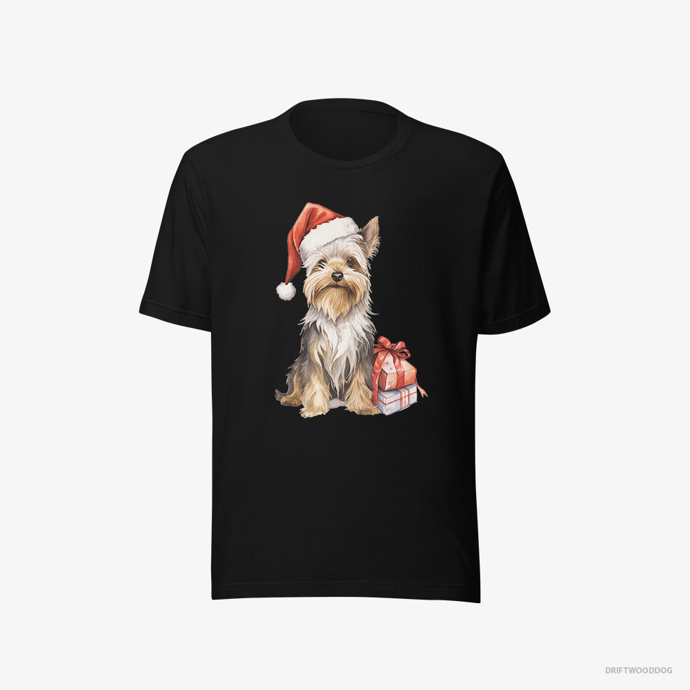 Yorkshire Terrier T-Shirt – Men Black T-Shirt Eco-Friendly – Dressed as Santa (on White Background)