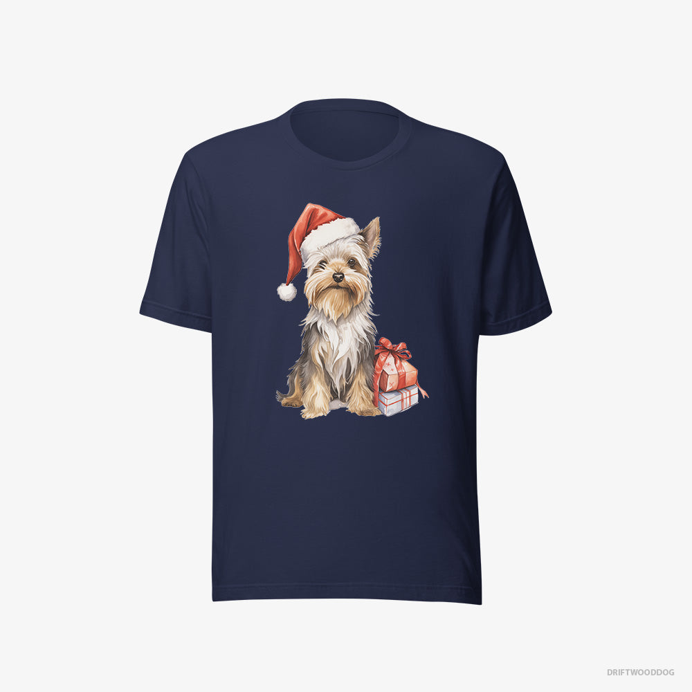 Yorkshire Terrier T-Shirt – Women Navy T-Shirt Eco-Friendly – Dressed as Santa (on White Background)