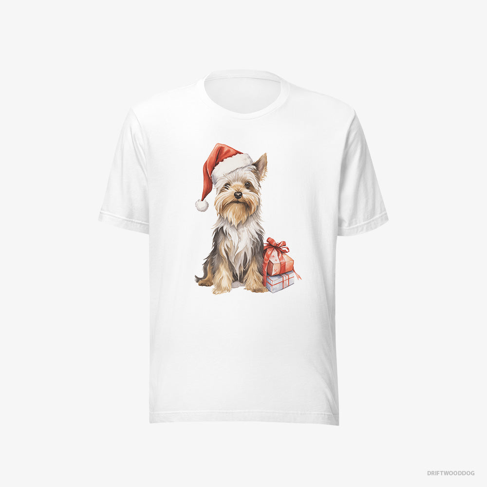 Yorkshire Terrier T-Shirt – Men White T-Shirt Eco-Friendly – Dressed as Santa (on White Background)